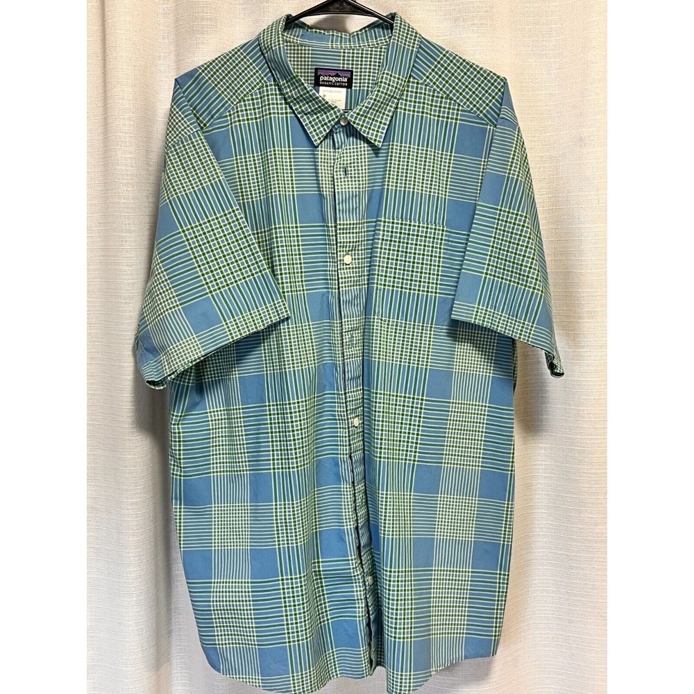 PATAGONIA Mens Sz XXL Button Check Blue Green Shirt Organic Cotton Short Sleeve